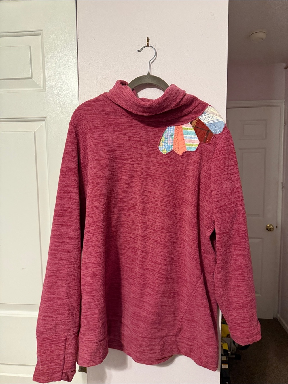 Tell Gear Raspberry Cowl Neck Sweater with hand sewn vintage Quilt Shoulder